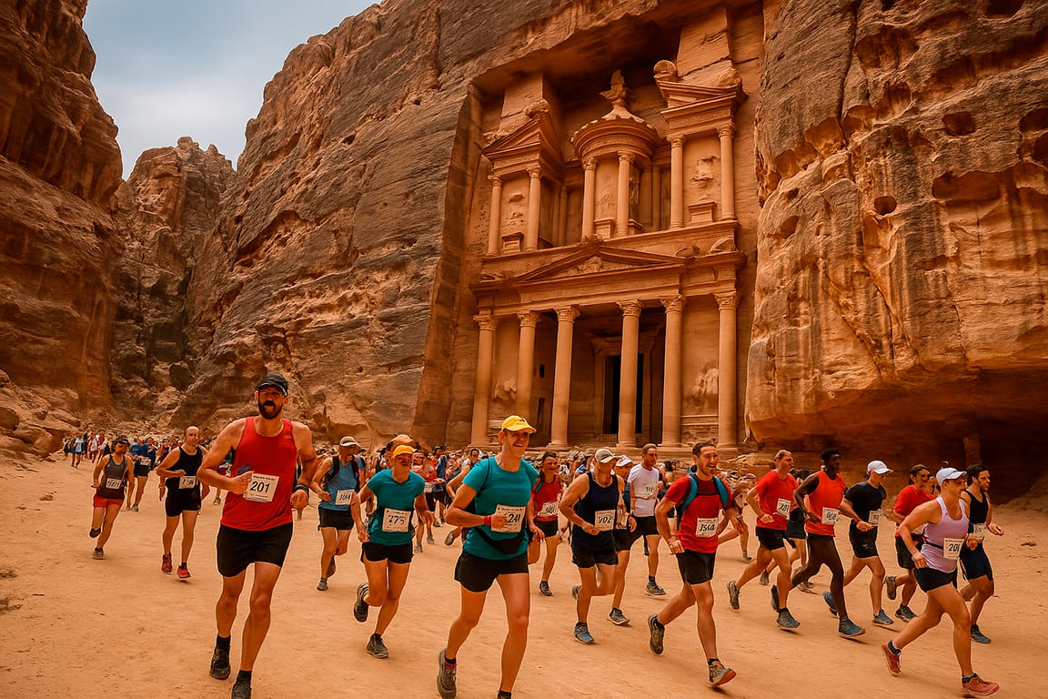 Corredores en la Maratón de Petra pasando por el monumento Al Khazneh en Jordania